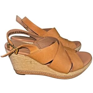 Clarks Amelia Dally Womens 11M Pre-Owned Caramel Leather Espadrille Wedge Sandal